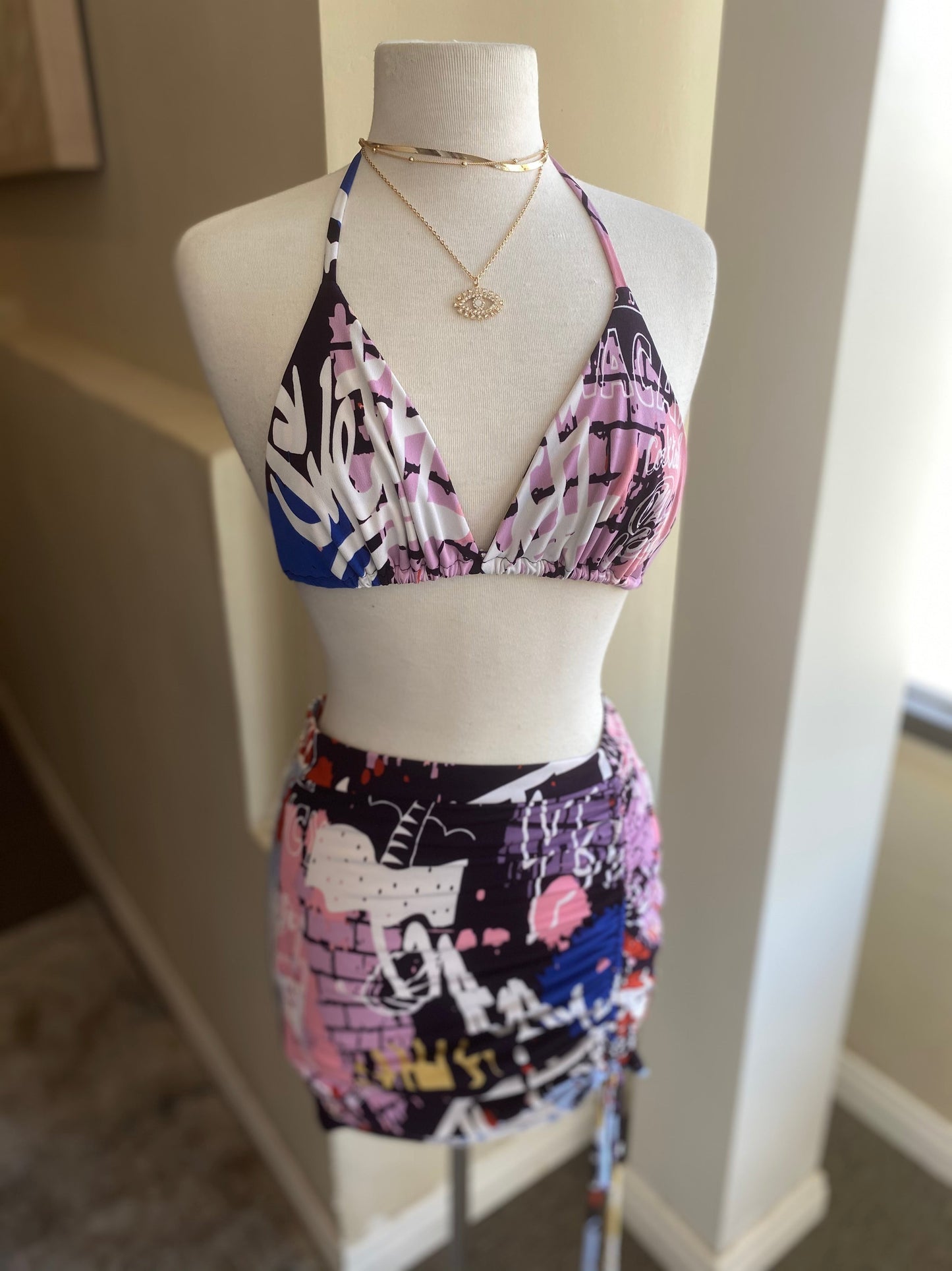 Zipper Bikini Top Skirt Set