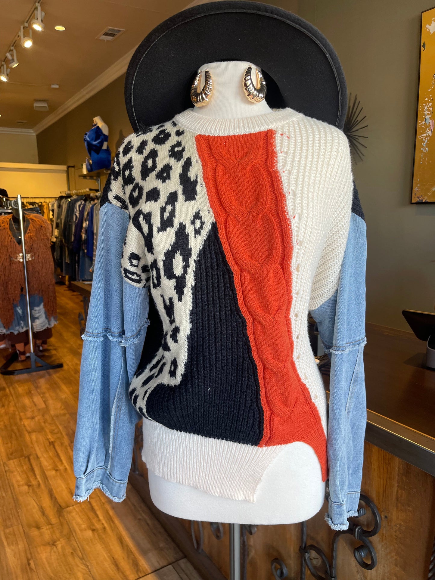 Color Block Denim Long Sleeve Top