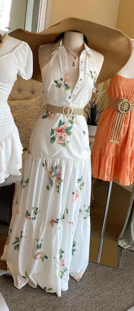 Floral Halter Belted Maxi Dress