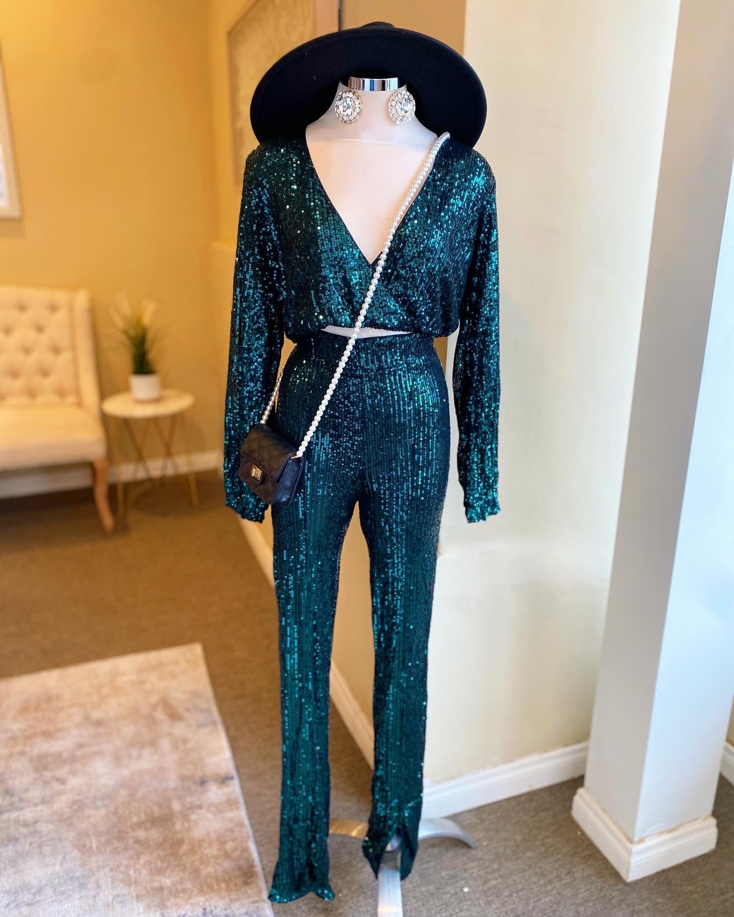 Deep V Long Sleeve Sparkle Pants Set