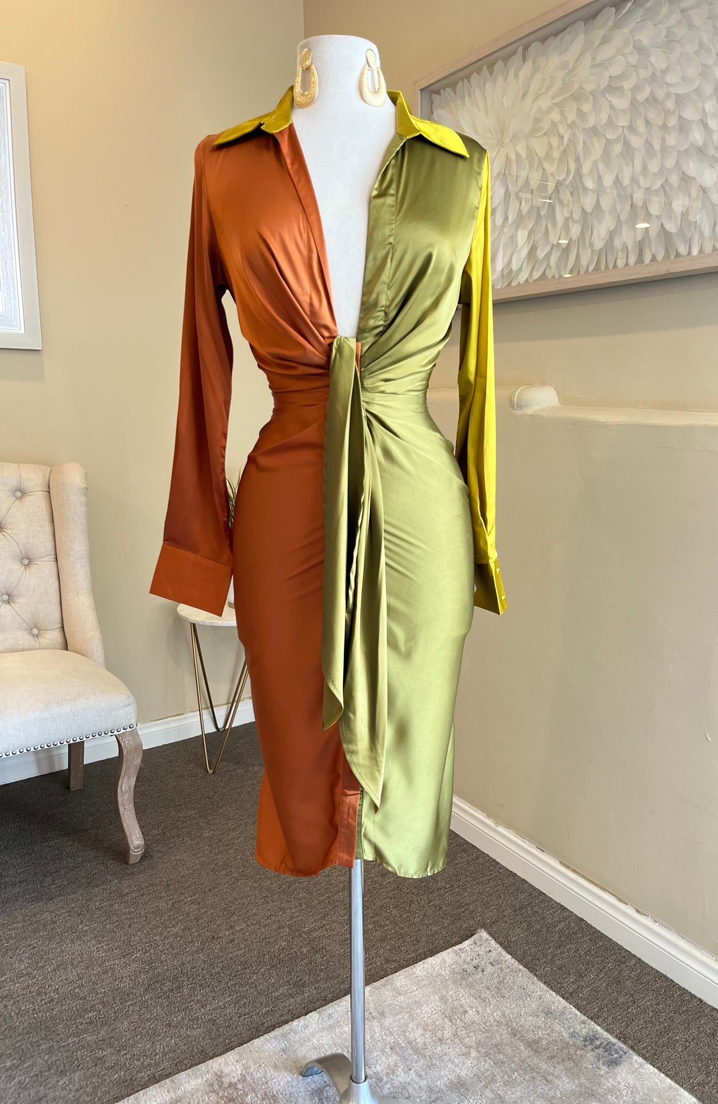 Color Block Satin MIDI Dress